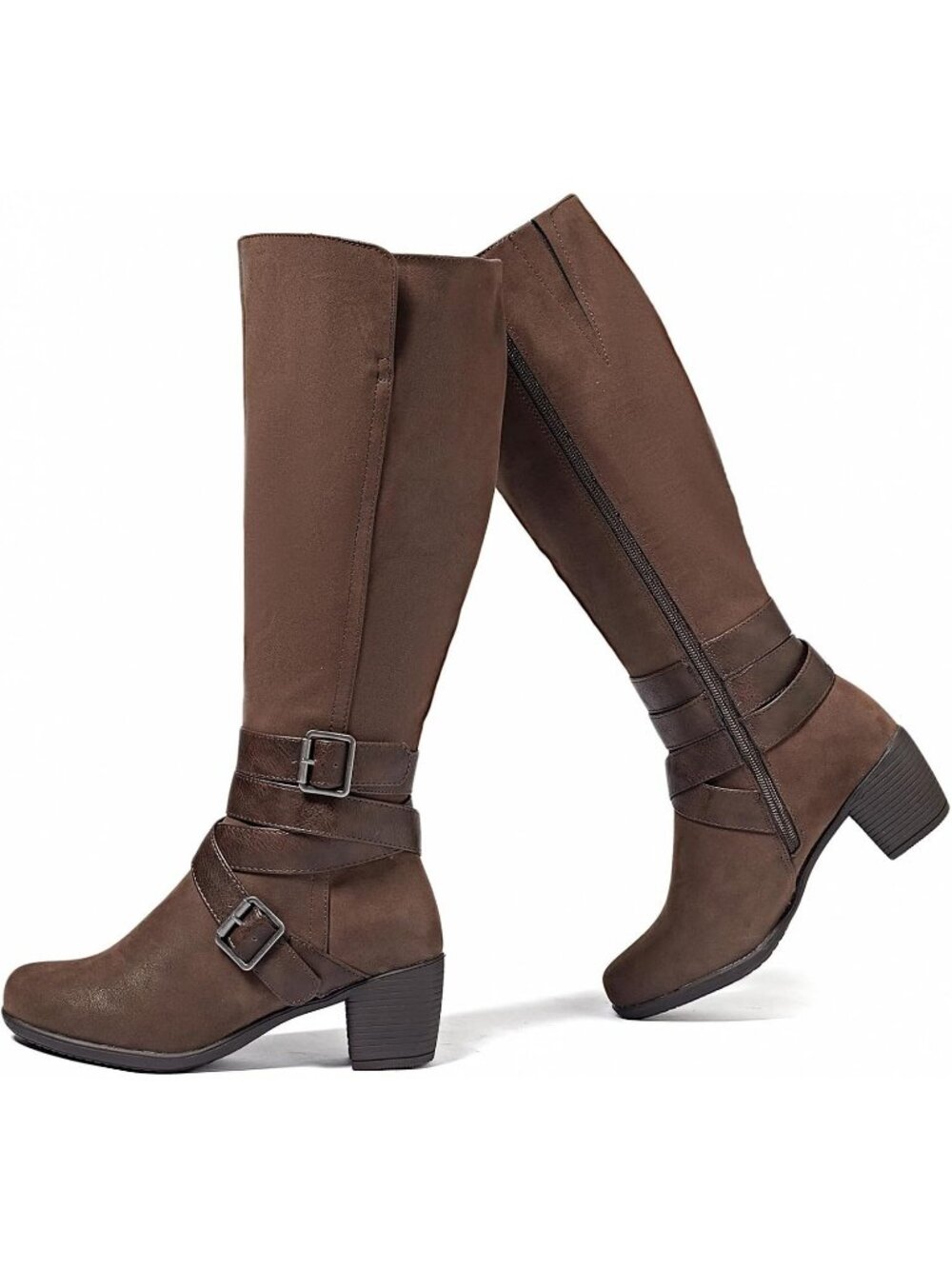 Women's Brown Chunky Heel Casual Side Zipper Round Toe Comfort Knee High Boots